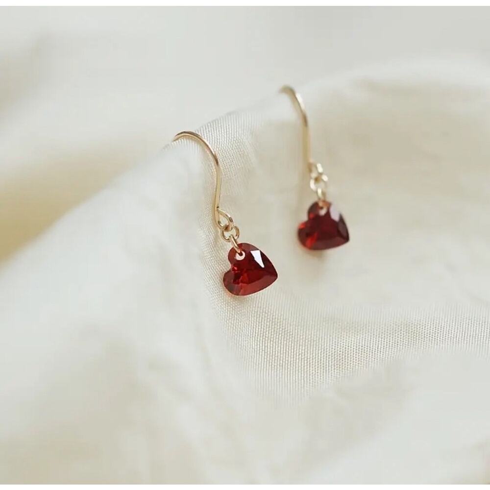 925 Sterling Silver Wine Red Crystal Drop Love Gift Valentine Heart Earrings